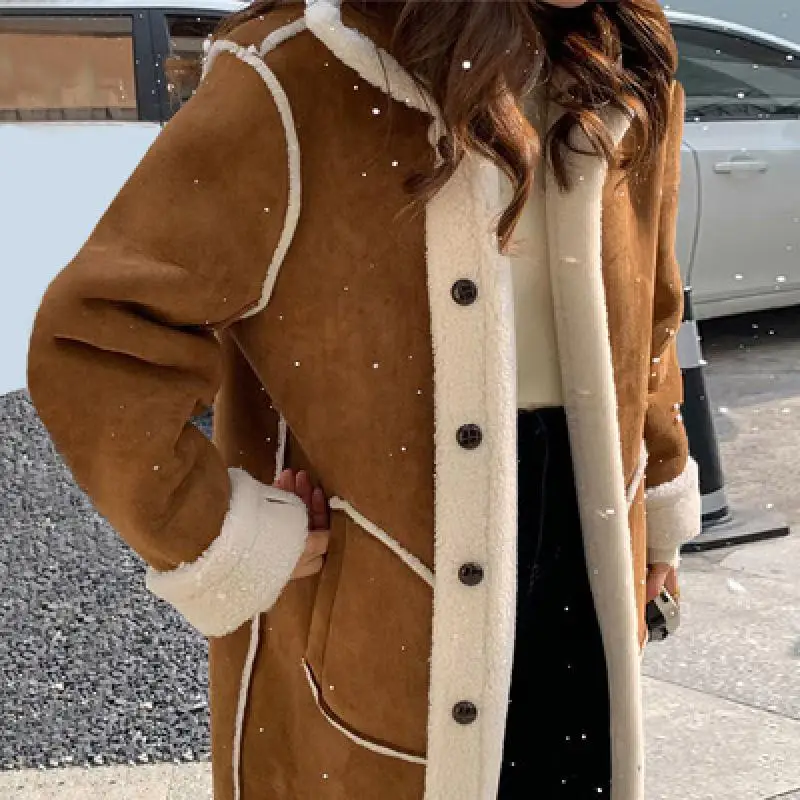 Double Face Wear Cashmere Wool Women Faux Fur Coat Winter Jacket Leather Motorcycle Jackets Female Vintage Suede Lambswool Coats