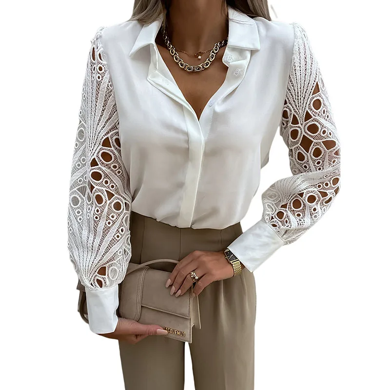 

Women\u2019s Casual Long Sleeve Shirt Fashion Solid Color Lace Stitching Lapel Button Blouse Tops Comfortable Shirts Daily Wear