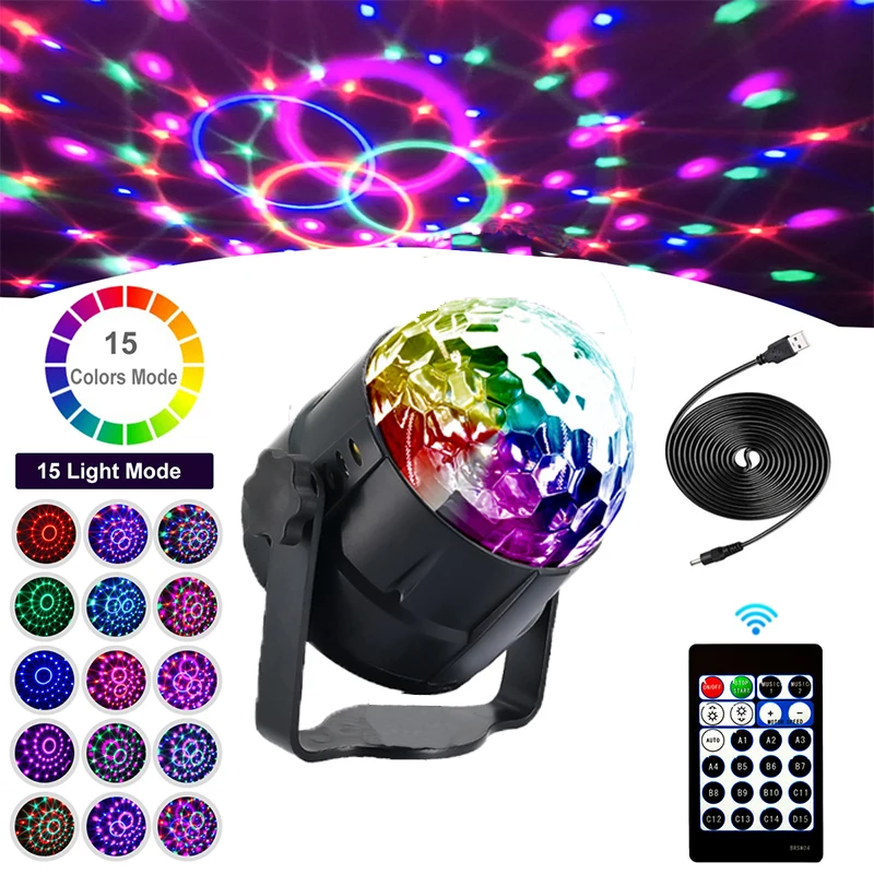 

RGB 4 Вт, 15 цветов, USB светодиодный, Хрустальный волшебный диско-шар, светильник DJ, автомобиль, праздник, день рождения, звуковая активация, сценический эффект освещения