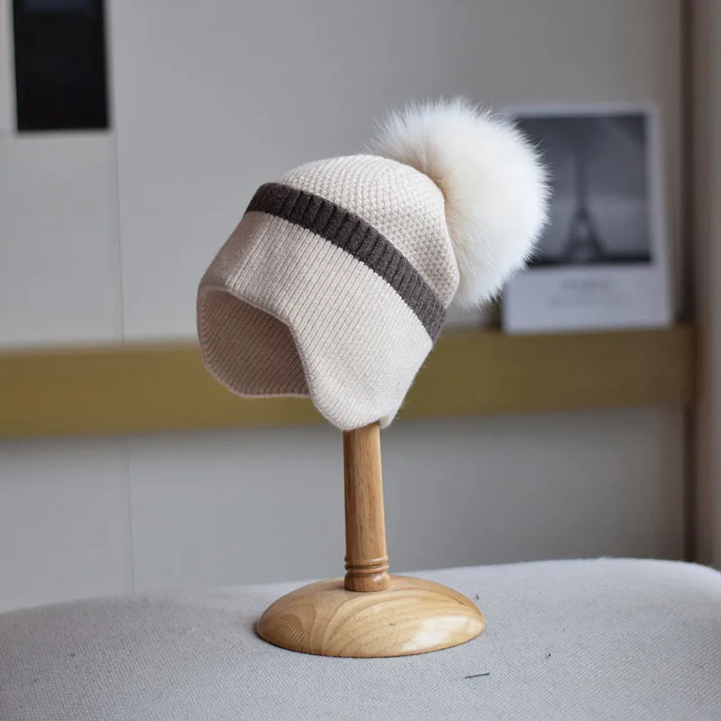 

Earflap Hat Winter Women Autumn Knit Beanie Real Fox Fur Pompom Warm Skiing Accessory For Sports Outdoors Holiday Teens