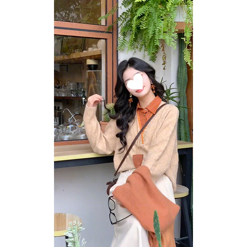 Гонконг Sle ретро поддельные две части свободный утягивающий вязаный топ женский