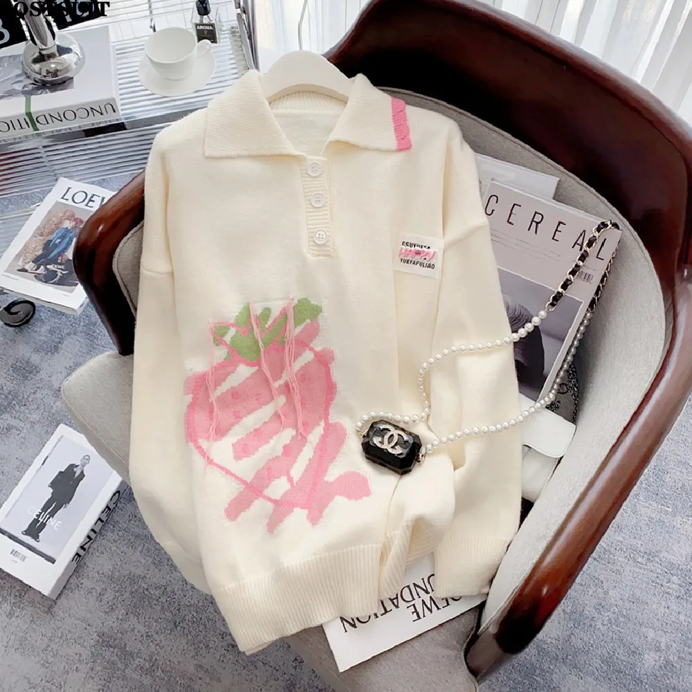 

Casual Loose Stylish Sweater Women Strawberry Jacquard Tassels Long Sleeve Pullover Knitwear Fashion Chic Oversized Female Tops