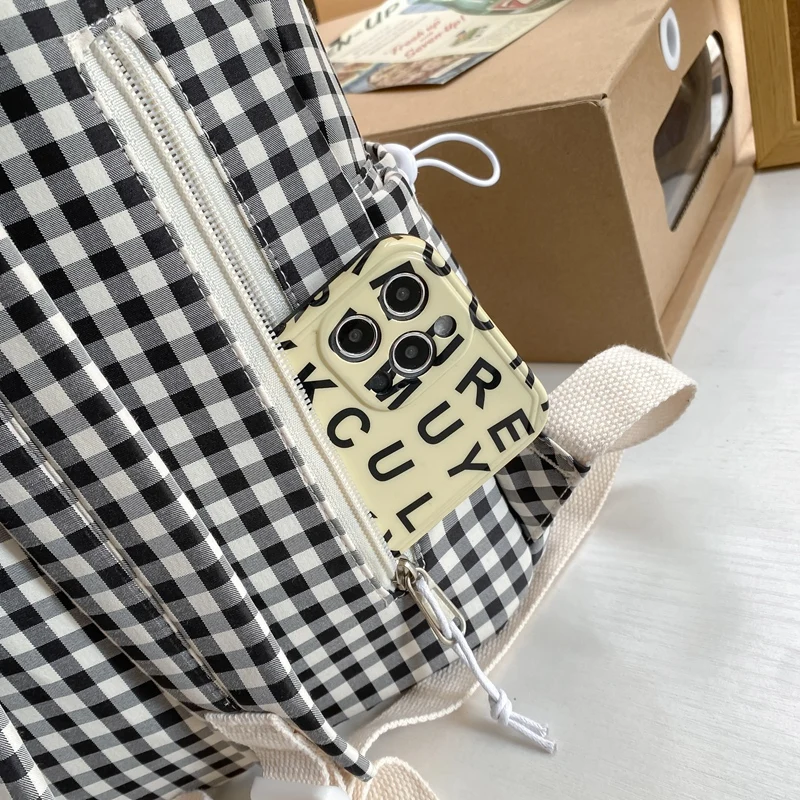 College Students Waterproof Nylon Backpack Schoolbag Girls Plaid Travel Double Shoulder Bag Female Cute Schoolbag