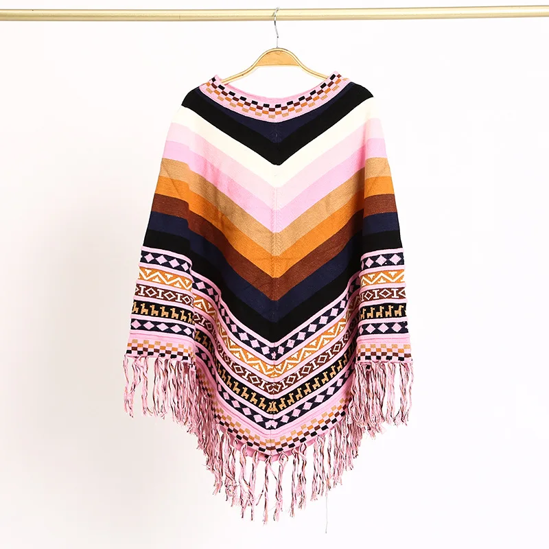 

Peruvian National Style Fashion Tassel Travel Coat Shawl Cloak Women's Autumn Winter Warm Cover Lady Ponchos Capes Pink
