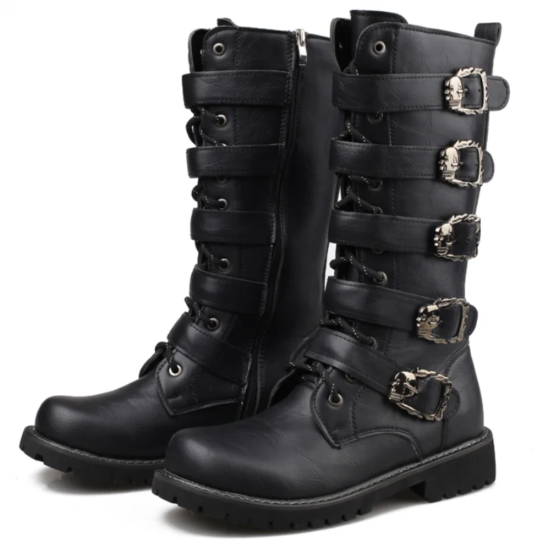 

Punk Male Platform Motorcycle Boots Fashion Chunky Heels Men's Mid-Calf Boots Casual Street Shoes Man Black Combat Cowboy Boots