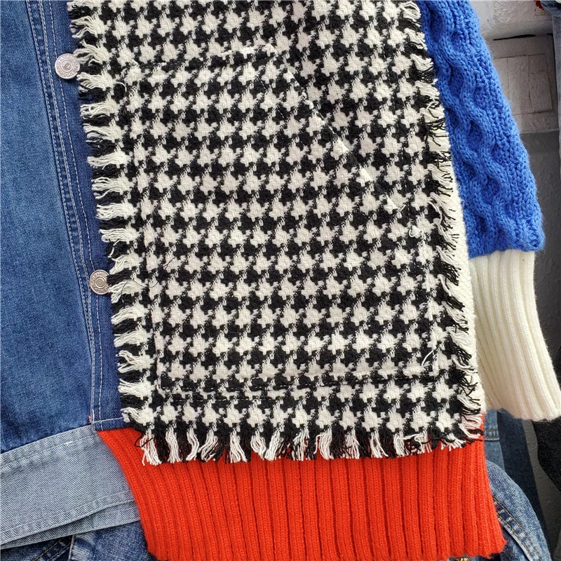 Модная клетчатая куртка с узором гусиные лапки и вязаными рукавами контрастного