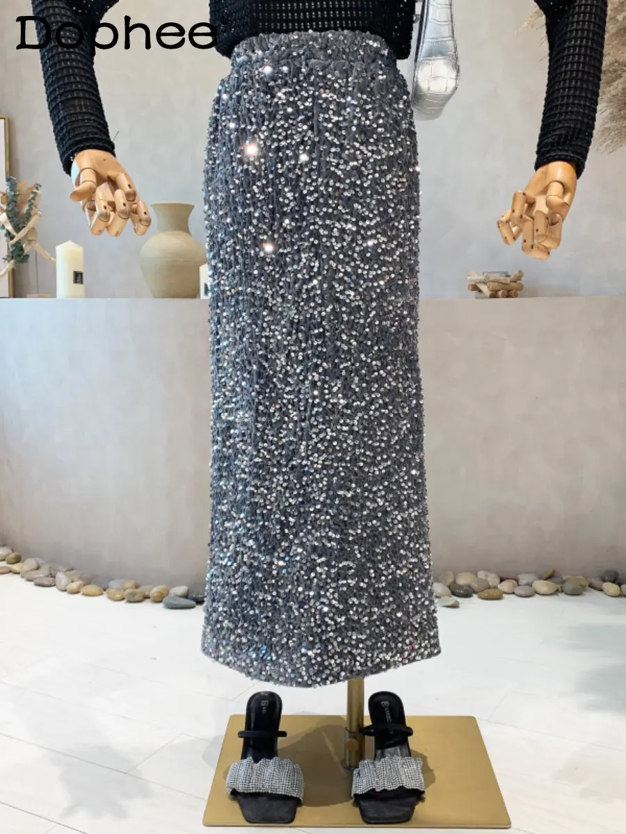 

High-Grade Elastic High Waist Slimming Black Sequins Skirt for Women 2022 Autumn New Style Slit Straight Mid-Length Skirt Faldas