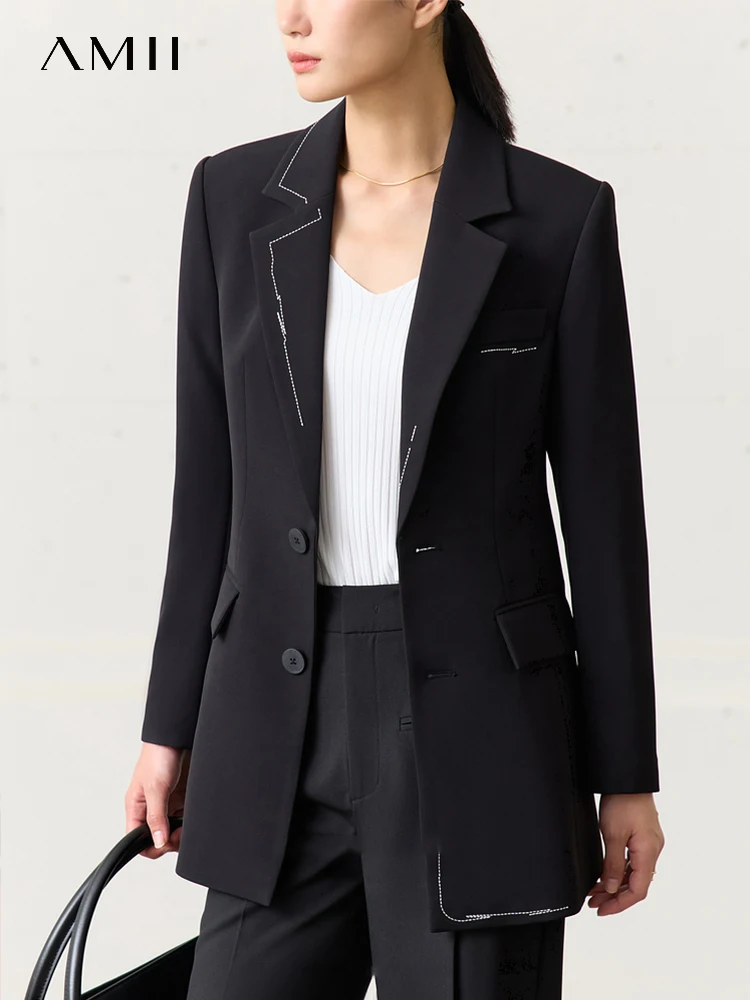 

AMII Minimalist Blazer for Women 2023 Autumn New Style Office Lady Fashion Embroidery Slim Mid-length Blazer & Suits 72351012