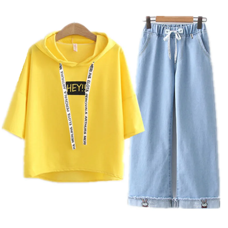 Summer New Denim Capris+Loose Short Sleeve T-shirt 2Pcs Women Hooded Pullover Suit Girls Little Fresh Clothing Set