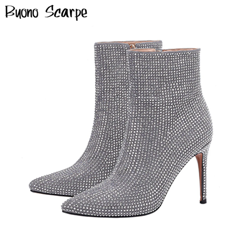 

Stiletto High Heel Ankle Boots for Women Bling Bling Short Boots Pointed Toe Rhinestones Booties Lady Autumn Winter Botas Mujer