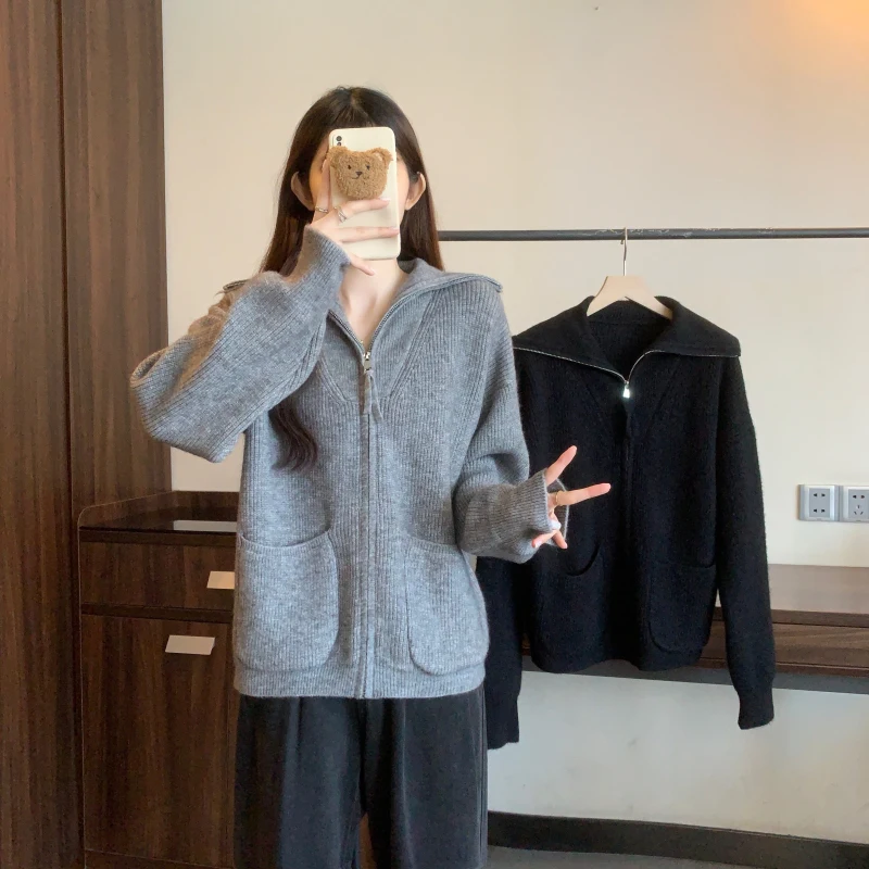 Осень-зима женский кардиган свитер пальто женские темно-синие свободные вязаные
