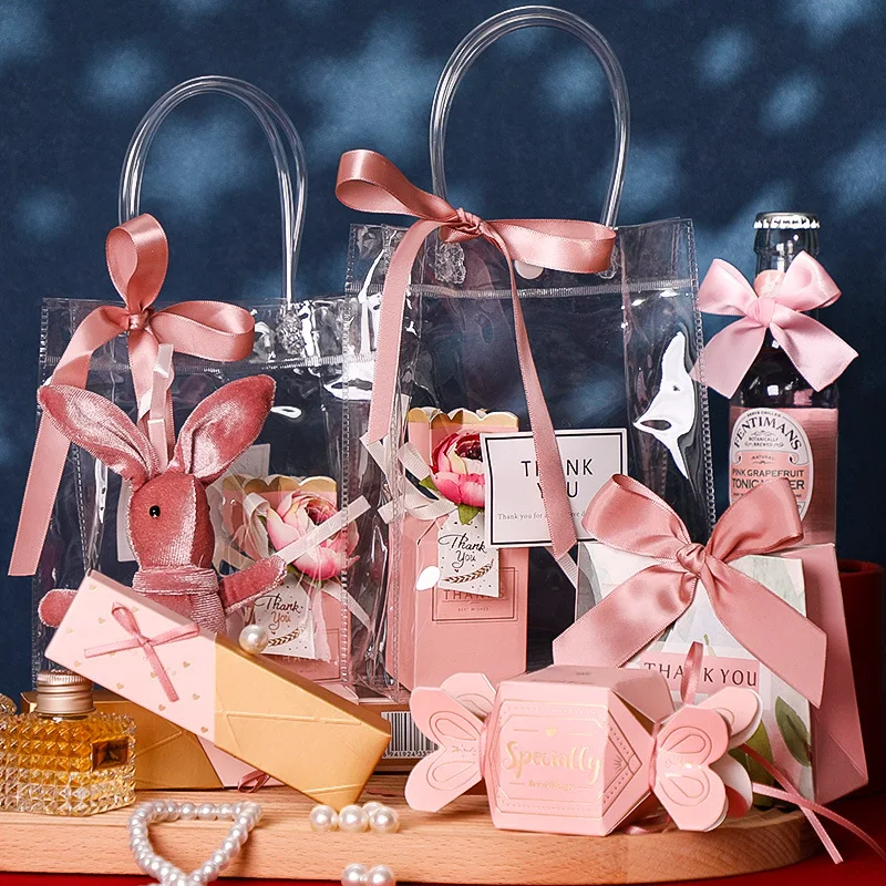 

10pcs/lot Transparent soft PVC gift tote packaging bags with hand loop, clear Plastic handbag, cosmetic bag