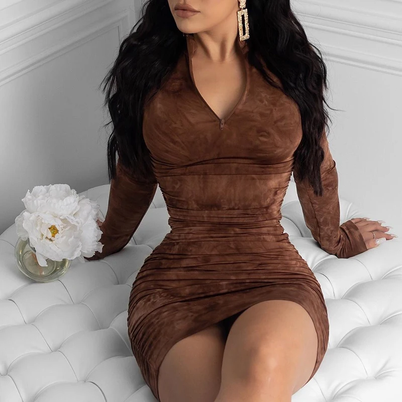 

Woman 2021 Spring New High Quality Print Turtleneck Bodycon Midi Dress Casual Blue Long Sleeve Pleated Slim Zipper Dress Mujer