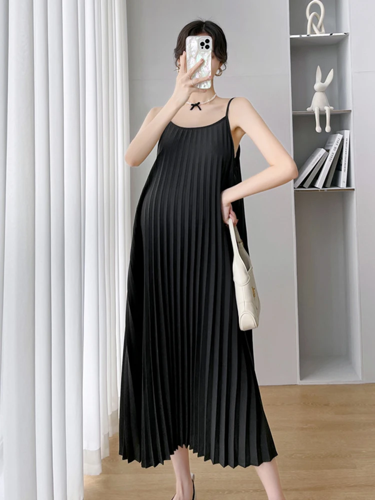 2pcs/set Pregnancy Dresses Pleated Suspender Dress and Short Knitted Cardigan for Pregnant Women Chiffon Maternity Gown enlarge