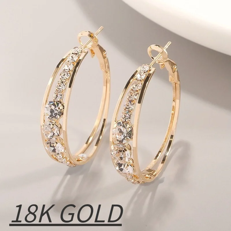 

Elegant 18k Gold Filling Hoop Earrings for Women Exquisite Fashion Metal Inlaid White Zircon Crystal Engagement Wedding Earrings
