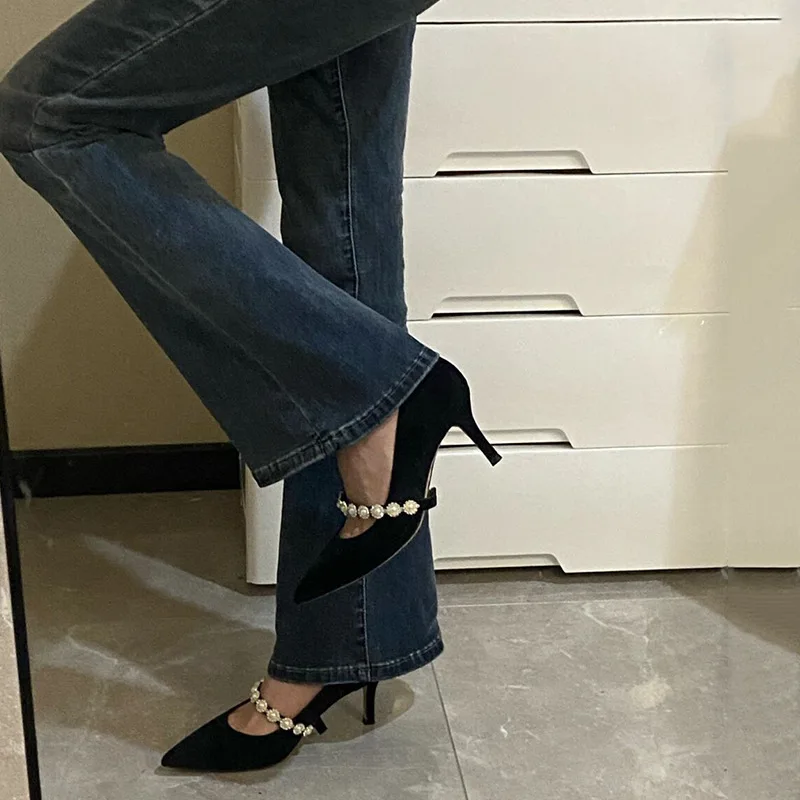 

New style detachable two-wear pearl high heels wild sweet fairy style pointed stiletto professional single shoes women