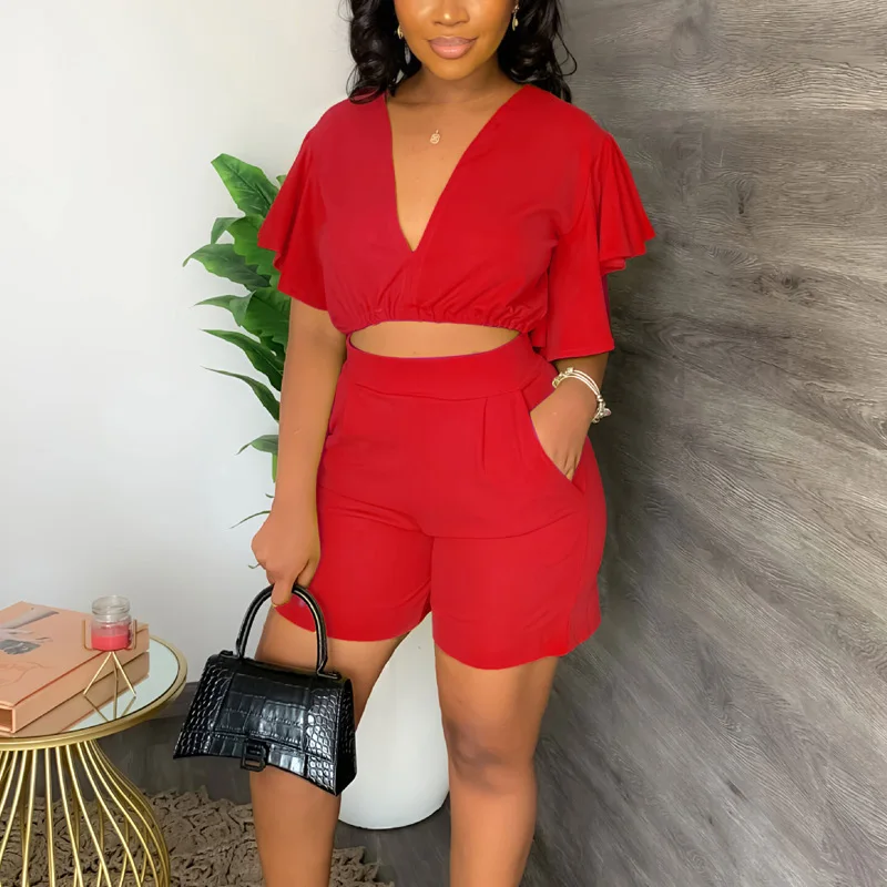 Fashion Two Pieces Set for Women Summer Suits V Neck Rullfed Sleeve Crop Top & Shorts Set Ladies Casual Two Piece Shorts Suit