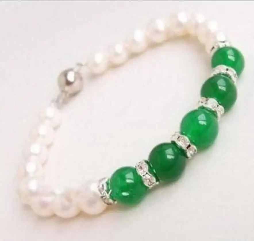 

Charming! 7-8mm White Natural Pearl & Green Jade Bracelet 7.5inch