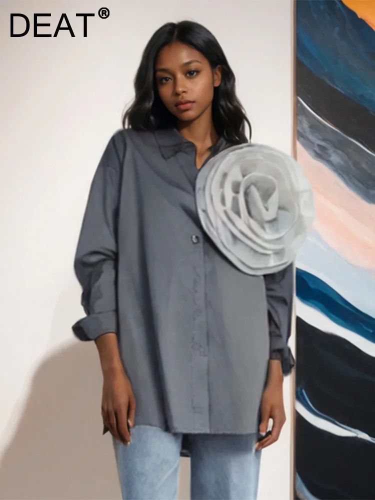 Женская блузка с отложным воротником DEAT однотонная из сетчатой ткани длинным