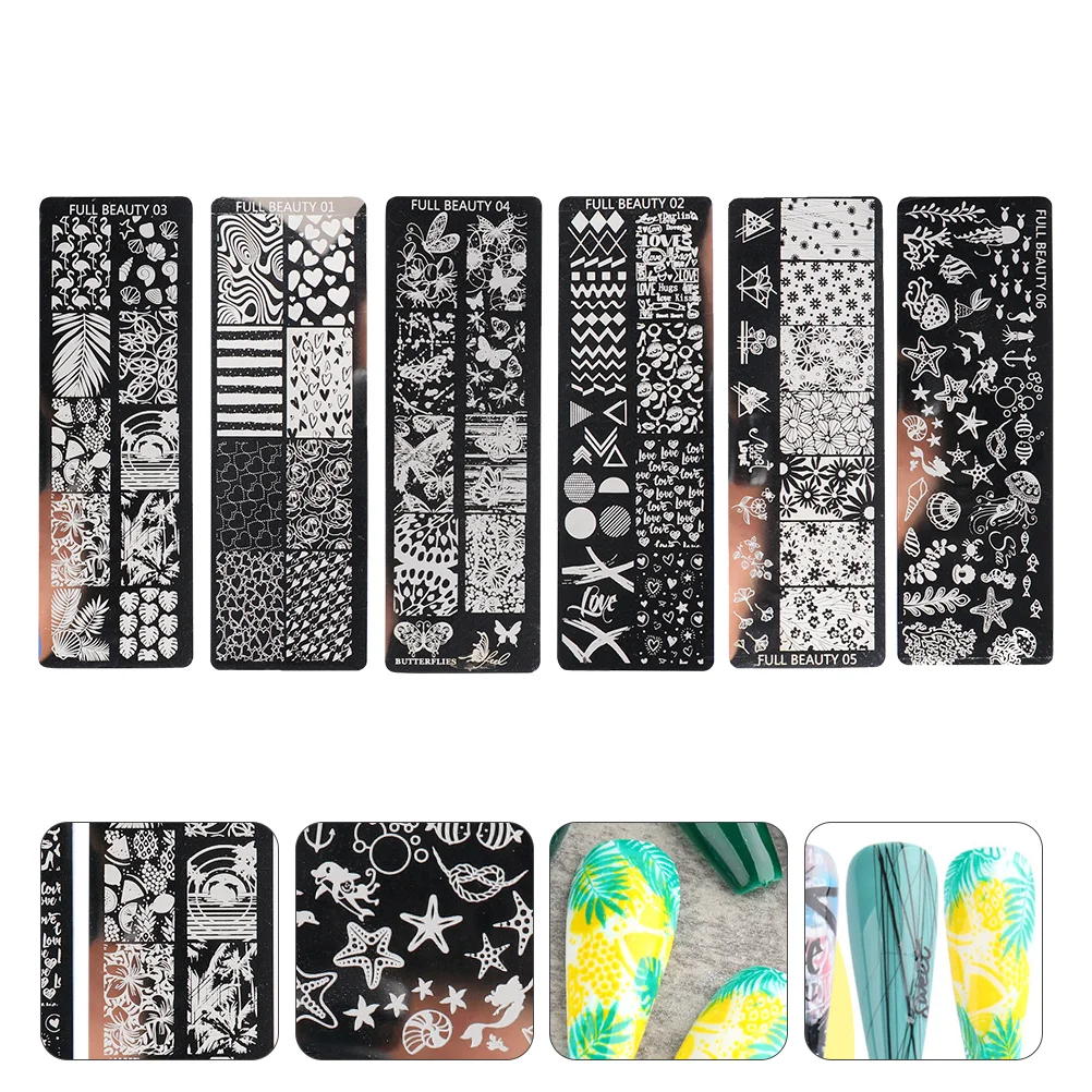 

6 Pcs Nail Transfer Printing Plate Manicure Stencils Images Stamping Template Summer Stamper Templates Polish Stamps Kit Metal