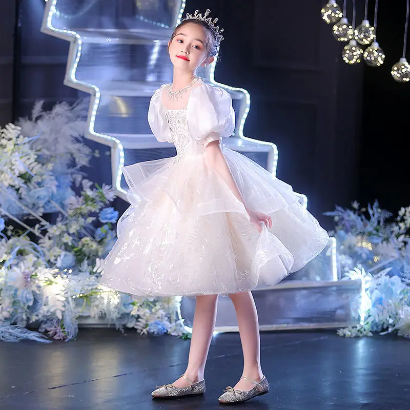 

Kids Girls Wedding Tulle Lace Elegant Princess Party Pageant Formal Short Dress Children Clothing Fashion Ball Gown Dress L15
