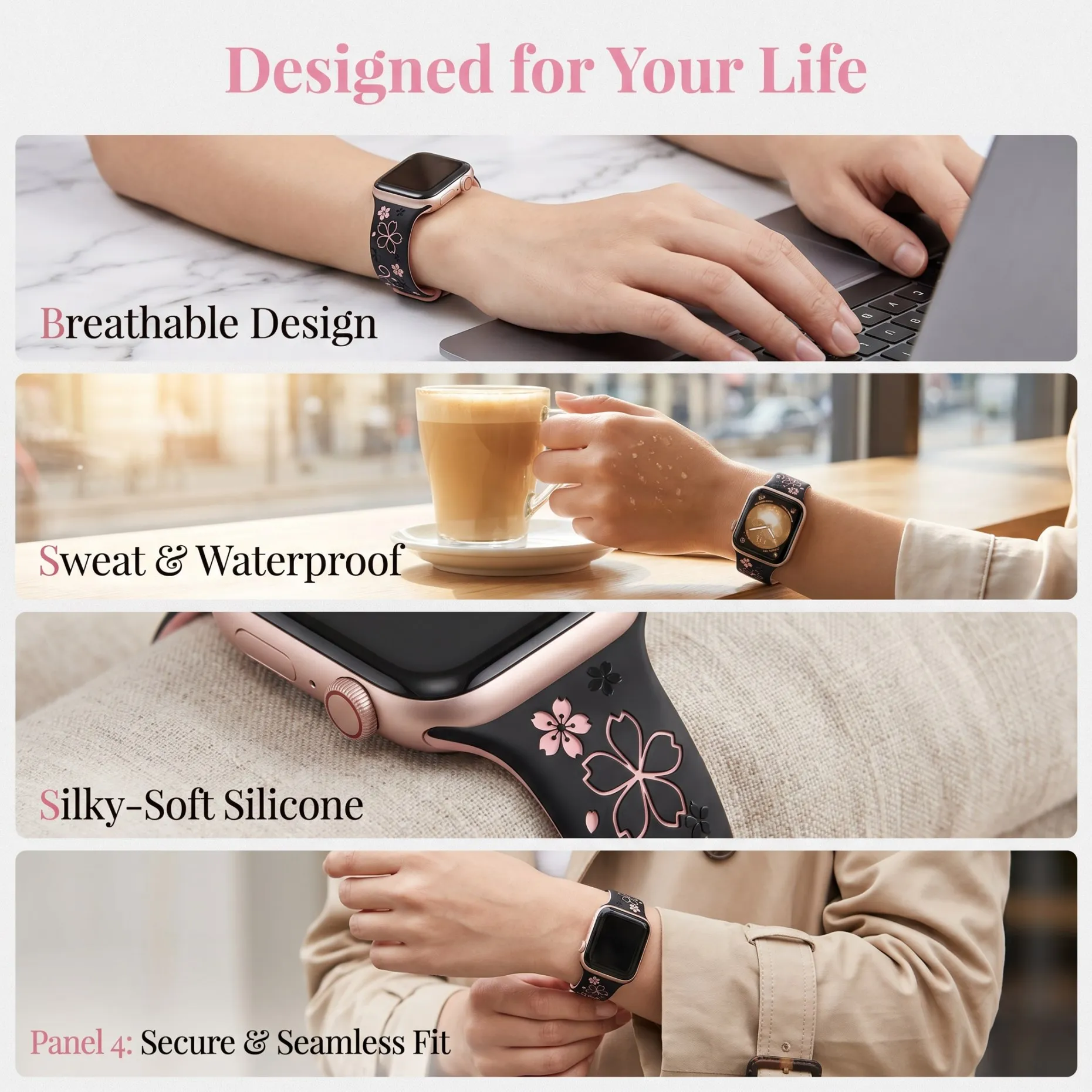 Фото Ремешок с цветочным узором и гравировкой Sakura для Apple Watch, 40 мм, 41 мм, 42 мм, 44 мм, 45 мм, 46 мм, 49 мм, силиконовый спортивный ремешок для iWatch Series 11, 10, SE, 9, 8, 7, 6 №4