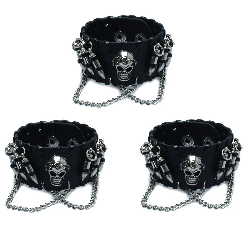 

3X Black Men's Gothic PU Leather Bullet Skull Chain Wristband Bracelets For Men