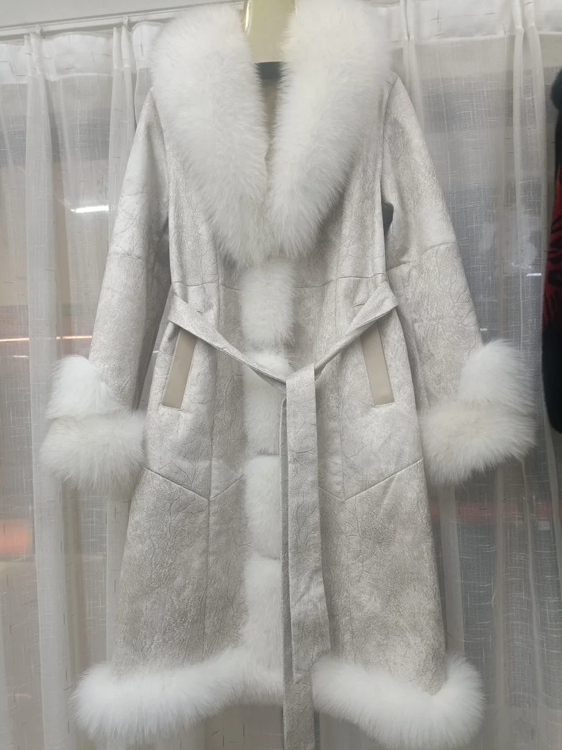 FURTJY Plus Size New Genuine Rabbit Fur Coat Women Winter Real Fox Fur Collar Long Coats Female Genuine Fur And Leather Outwear