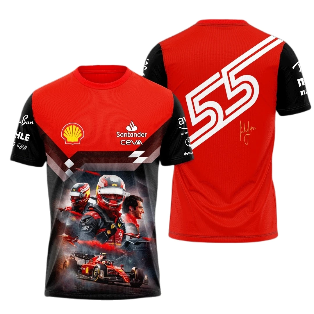 F1 Ferrari Team T-shirt Driver 16 Leclerc 55 Sainz Formula One Team 2023 New Summer Red Men's Short Sleeve Shirt