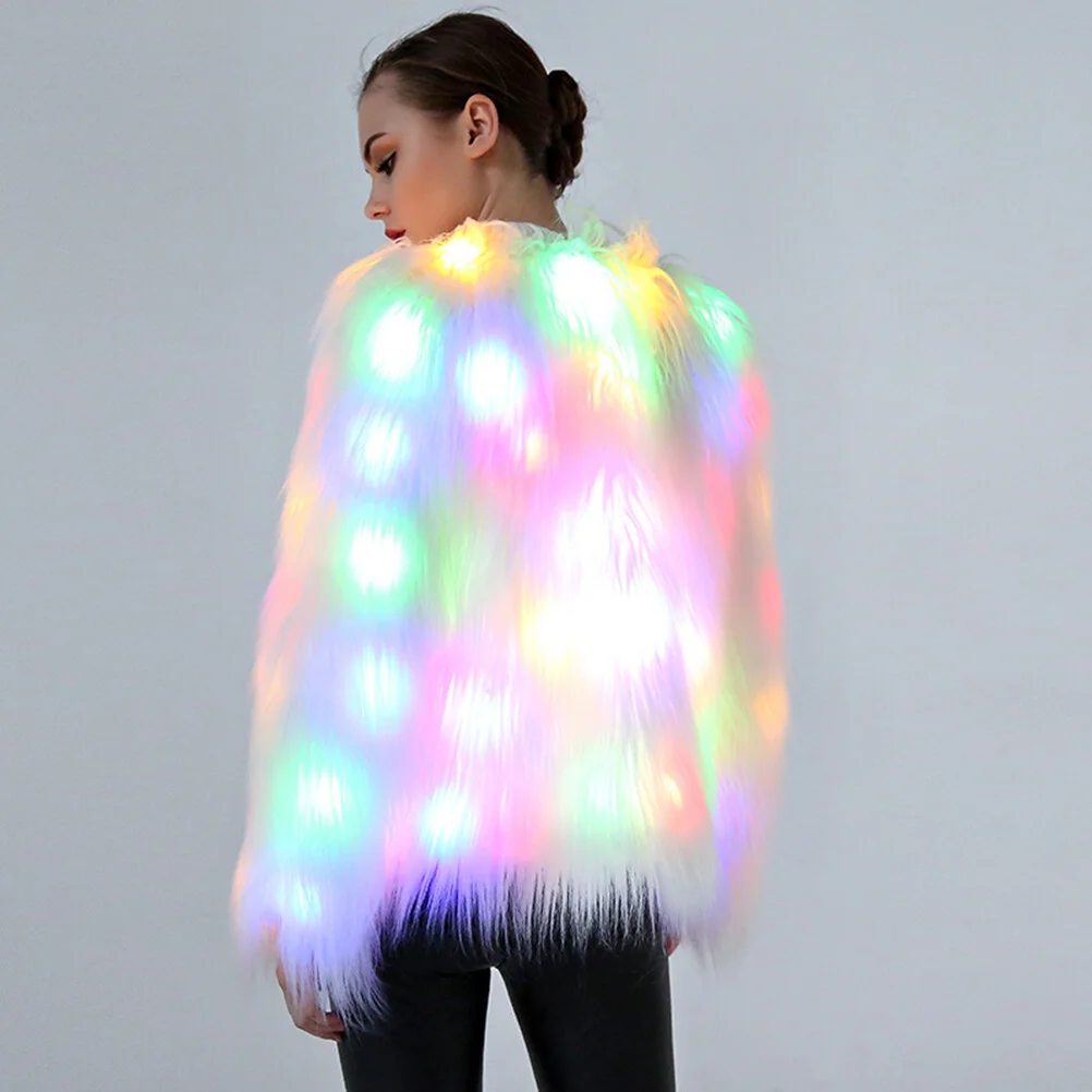 Women’s Jacket Rainbow Sparkly Light White Furry Rave Costume Luminous Outwear Fancy Party White Size
