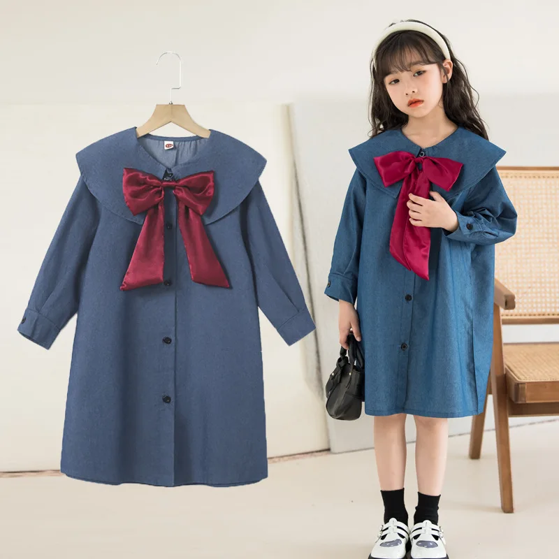 

Vintage Navy Kids Loose Shirts Dress Spring 2023 Long Sleeve Kids Dress Ankle-Length Lapels Dress