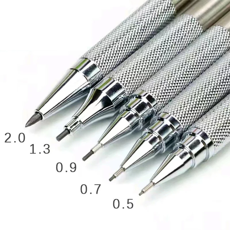 

New Metal Mechanical Pencils 0.5/0.7/0.9/1.3/2.0mm for Writing Sketch Painting Pencils School Office Supplies Silver Stationery