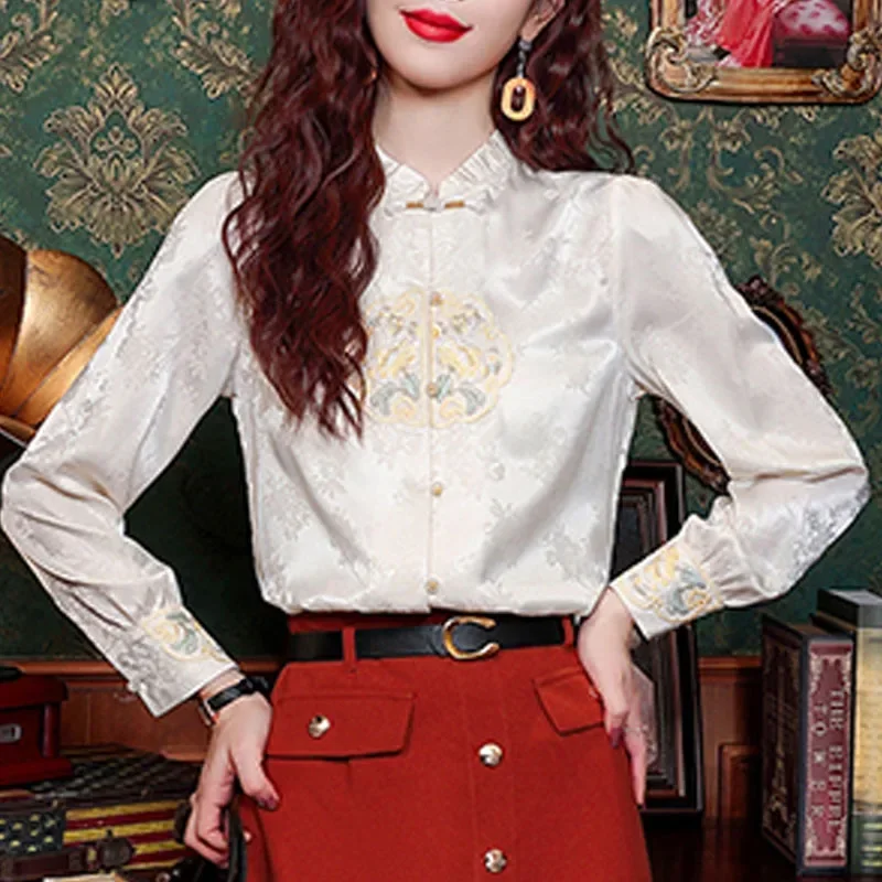 Модная женская рубашка с длинным рукавом рюшами и вышивкой блузка женские топы
