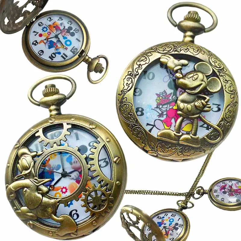 Фото Disney Mickey Kids Golden Thief ожерелье карманные часы Хогвартс ретро флип кварцевые часы ожерелье кулон часы-цепочка аксессуары №1