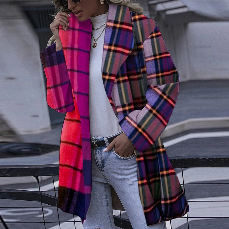 

Vintage Plaid Printed Woolen Coat Women Autumn Casual Long Sleeve Turn-down Cardigan Coats Ladies Fashion Loose Commuter Jacket