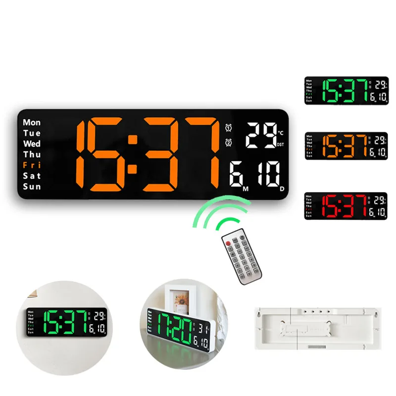 13inch Large LED Digital Wall Clock Remote Control Temp Date Week Display Table Wall-mounted Electronic Temperature Time Alarms