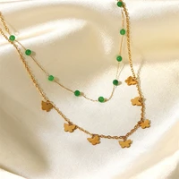 yw gairu french style 18k gold stainless steel jewelry green stone small ball butterfly tassel double layer womens necklace