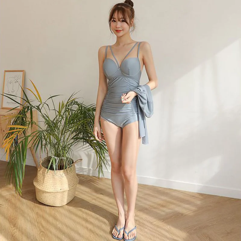 

Женский спортивный купальник, купальный костюм, однотонная одежда для плавания с высоким вырезом + сетчатый топ с длинным рукавом, купальны...