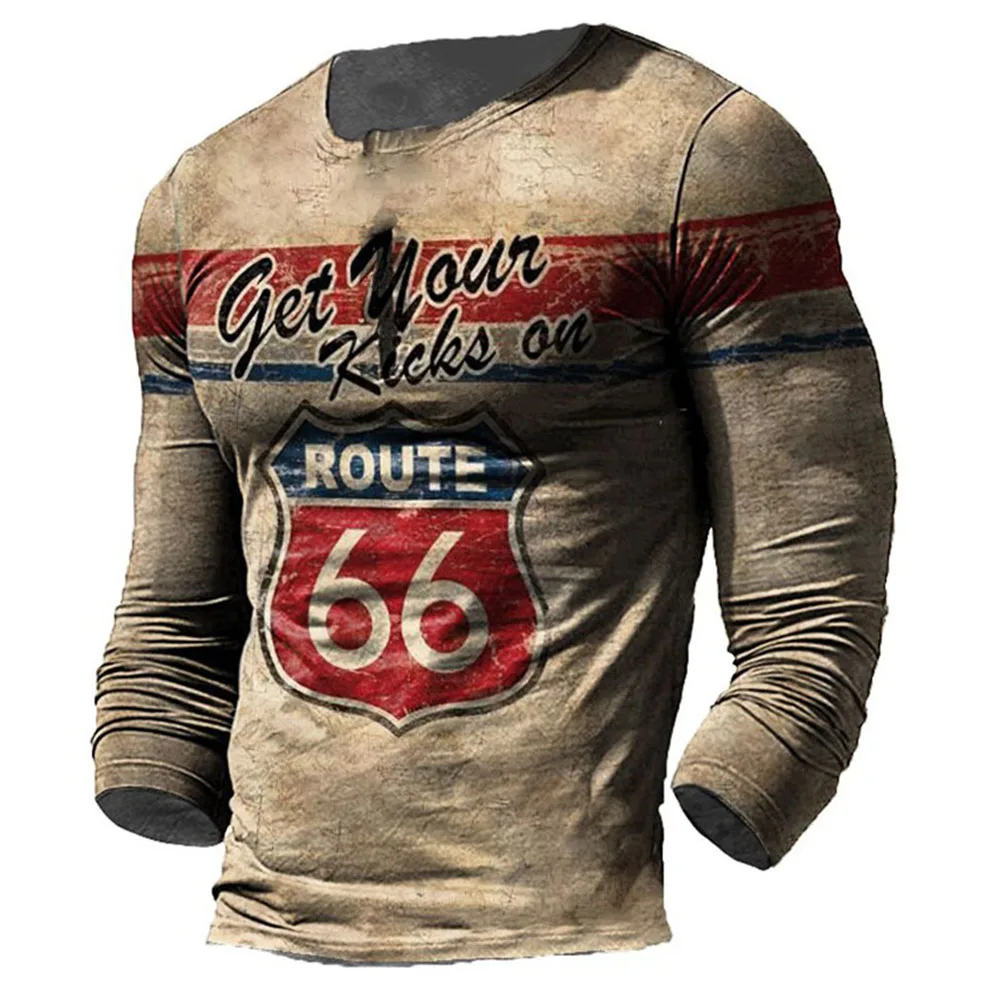 

Vintage Print T Shirt Men's 66 Letter Top American Cotton Long Sleeve T-Shirt Summer O-Neck Blouse Casual Oversized Men Clothing