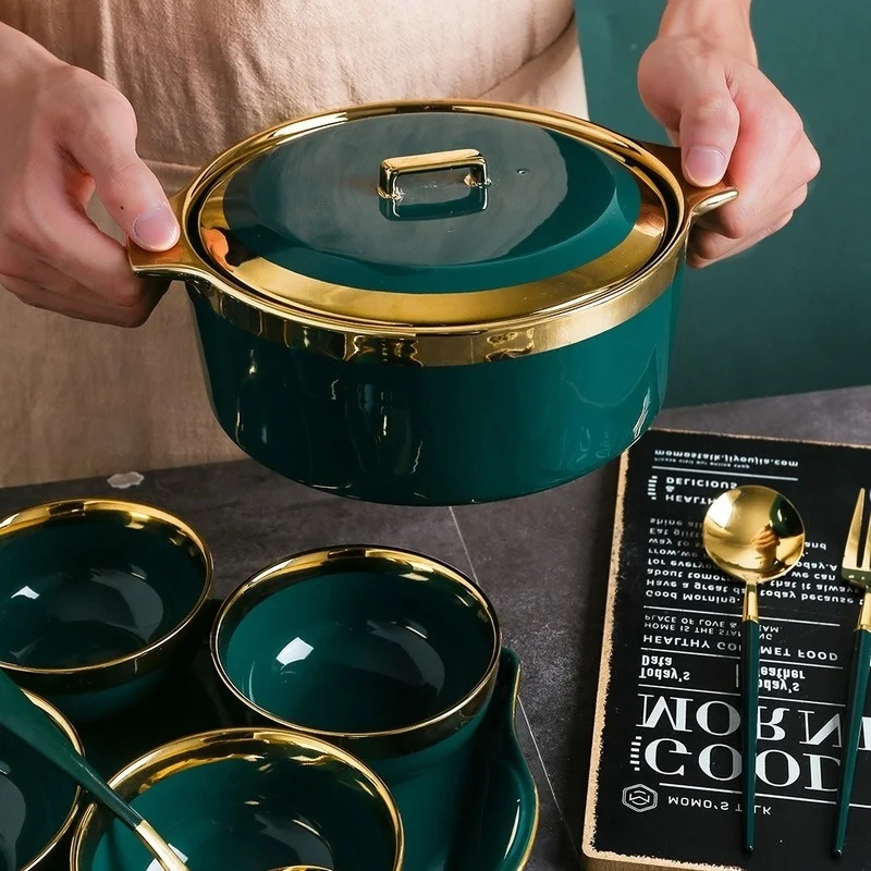 

Набор керамической посуды, зеленый круглый фарфоровый сервиз из Пномпеня, миска для супа с крышкой и ложкой, бытовые кухонные принадлежности, посуда
