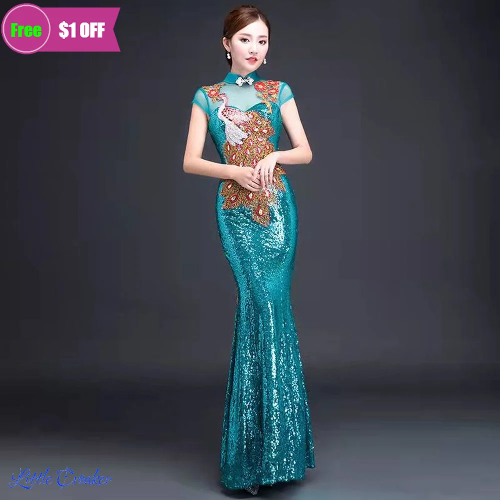 

Chinese Traditional Plus Size 3XL Elegant Sequined Wedding Party Mermaid Cheongsam Peacock Green Evening Dress Sexy Long Qipao