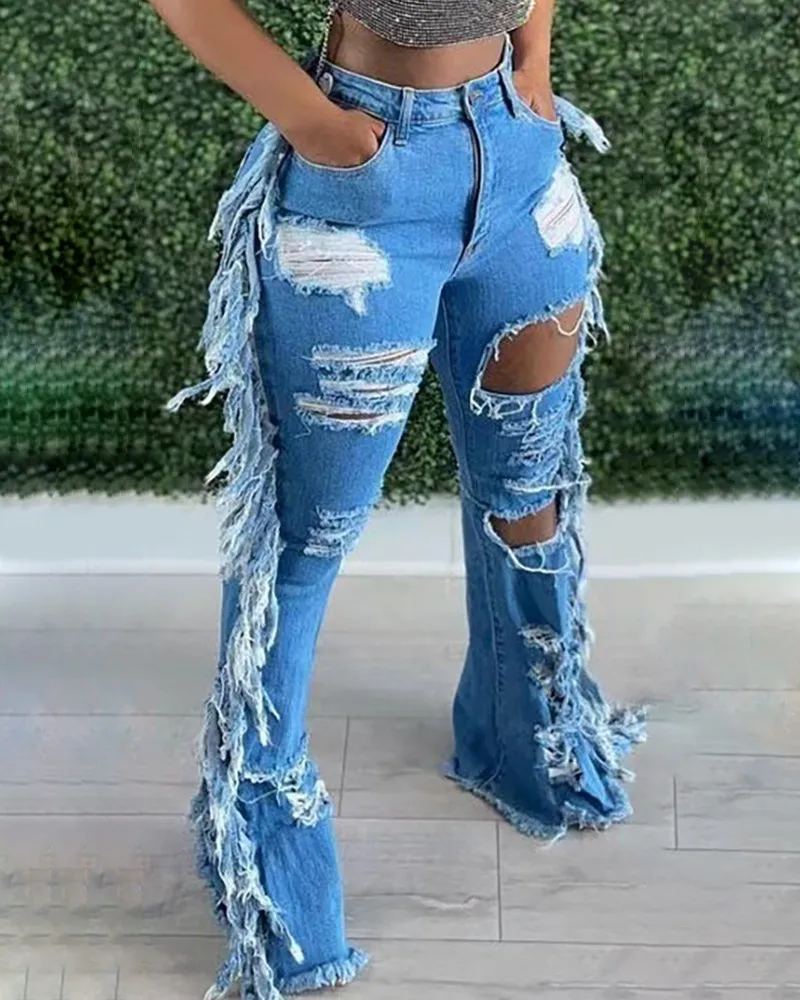 

Женские рваные джинсы с бахромой и высокой талией, весенне-летние джинсовые брюки с вырезами, сексуальные джинсы до пола с кисточками