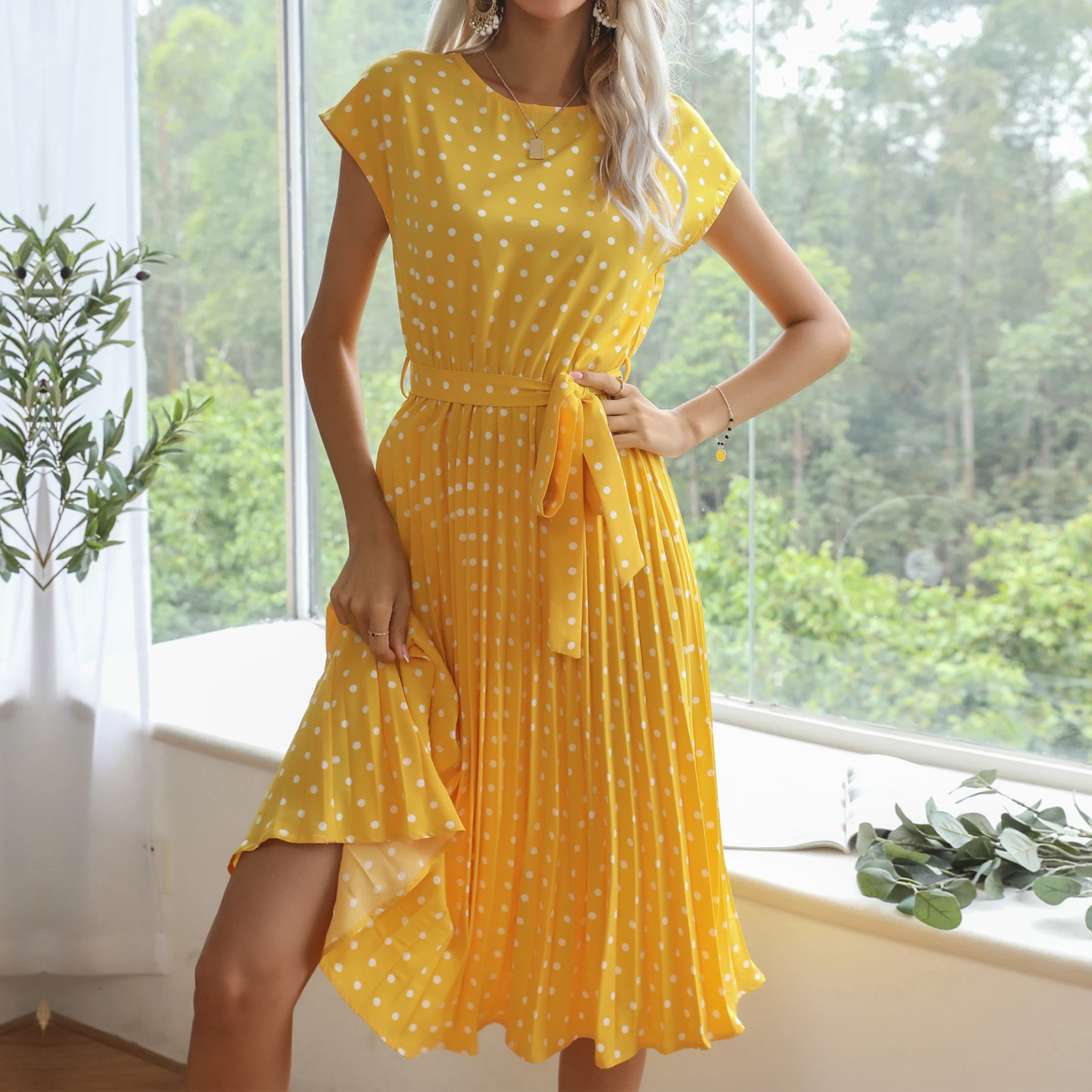 

Polka Dot Printed Summer Midi Dress Casual Style Ladies Sexy Long Dress Crew Neck Short Sleeve Loose Fit Vacation Outfit