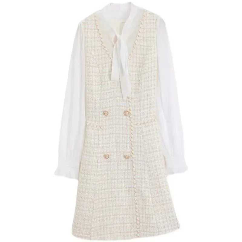 Женское твидовое платье с рукавами-фонариками элегантное модное универсальное