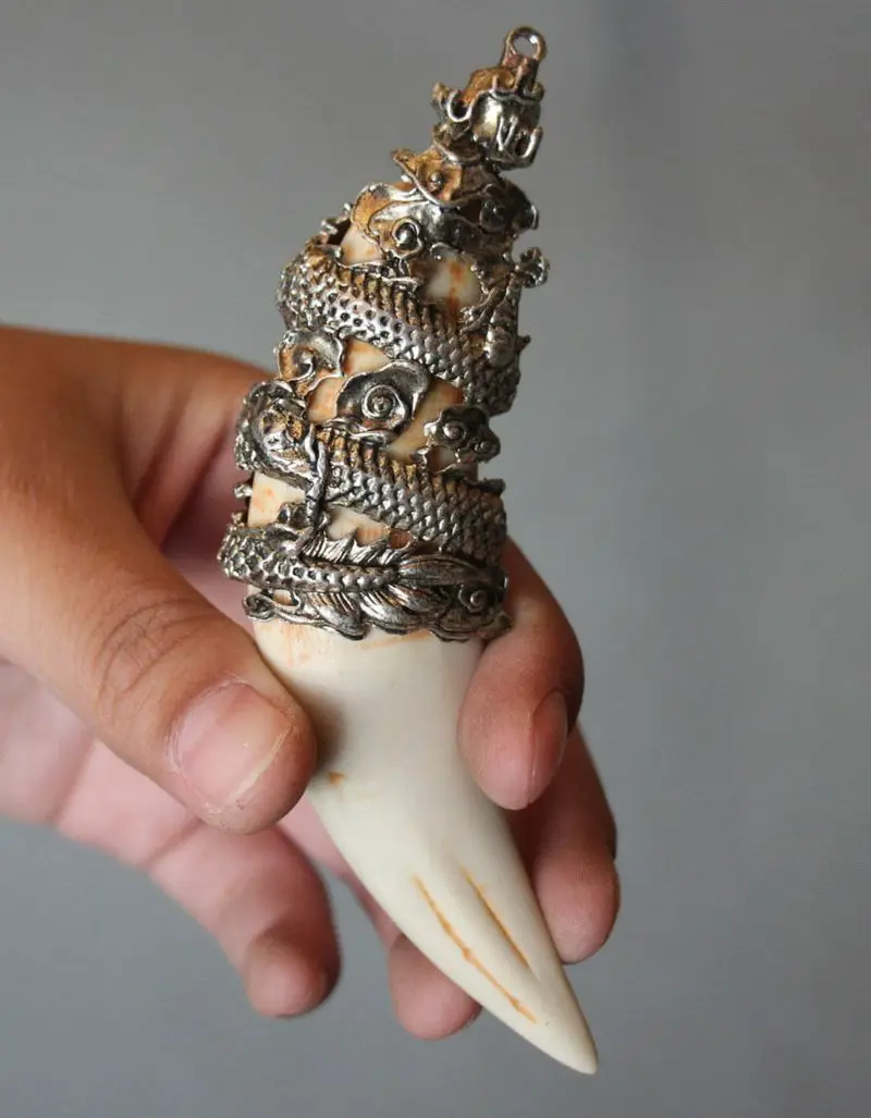 Китайский античный дикий кабан зубы серебряный дракон амулет кулон ожерелье -