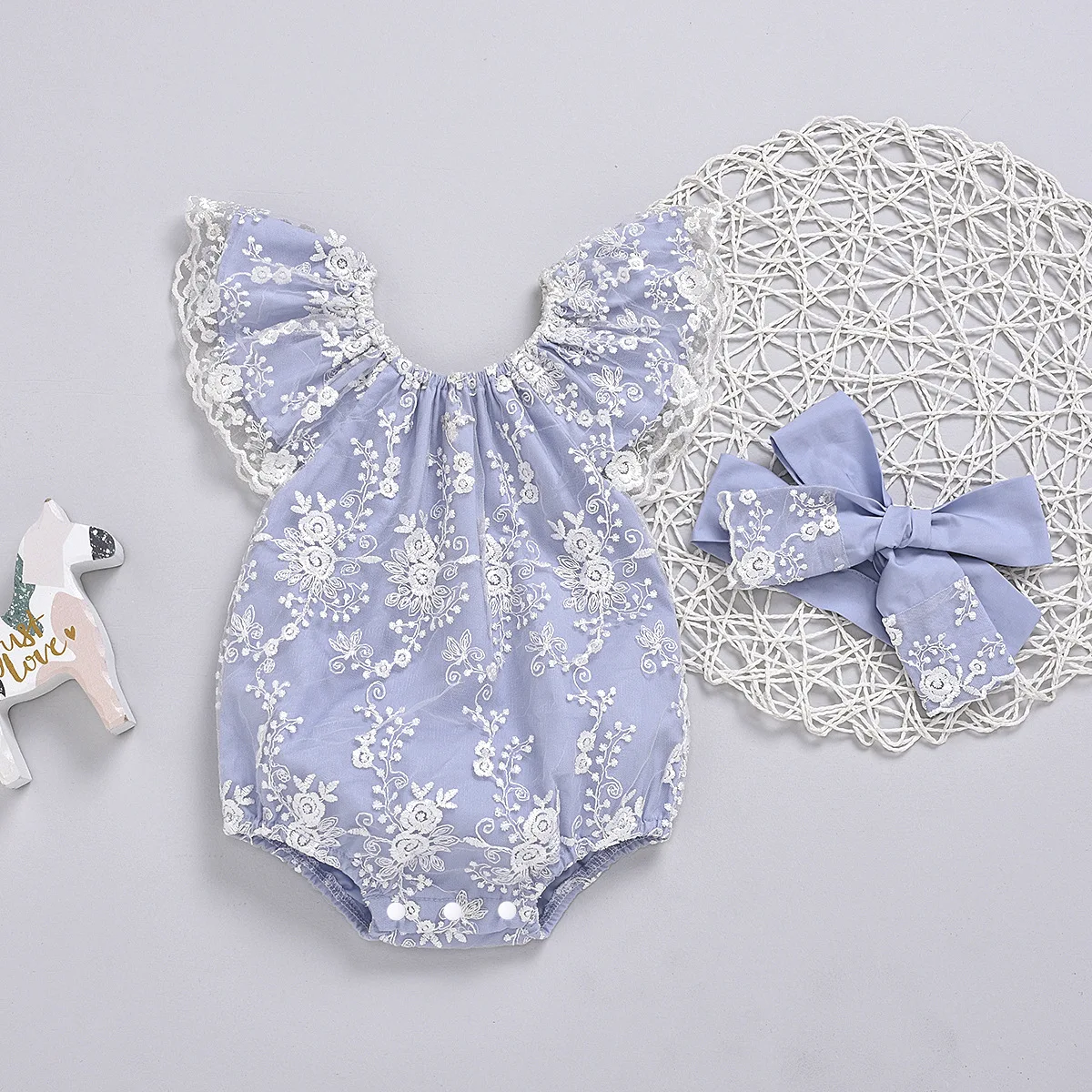 

Fashion New Baby Girl Romper Summer Cute Flying Sleeves Net Yarn Romper Blue Shoulder Infant Jumpsuit Clothing