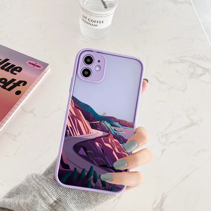 

Hand Painted Mountain Road Phone Case For iphone 12 13 14 11 pro Max X XS MAX XR 7 8 plus SE2020 Hard Shockproof Case Back Cover