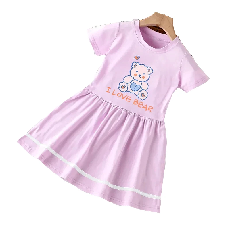

100% Cotton Girls Dress Short-Sleeved A-Line Midi Skirt Pink,Yellow,Purple Color