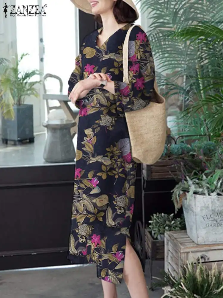 

ZANZEA Bohemian Floral Sundress Women V Neck Printed Dress Long Sleeve Causal Midi Dresses Elegant Holiday Work Vestido Oversize