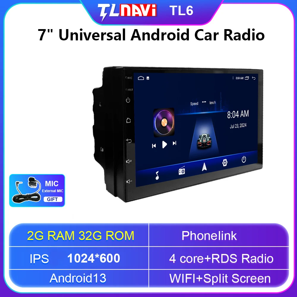 

7-дюймовый экран Android 13, универсальный стерео мультимедийный плеер, автомобильное радио 178 мм * 102 мм, GPS, беспроводной Carplay AA BT, WIFI, головное устройство